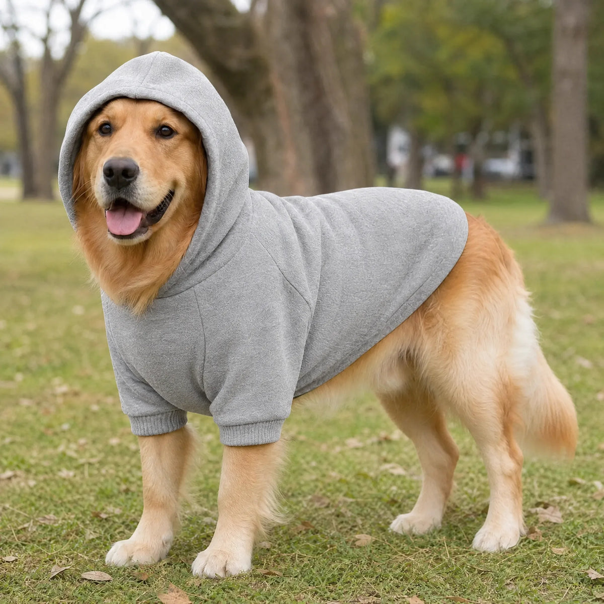 Cane al parco con la felpa sport con cappuccio grigia