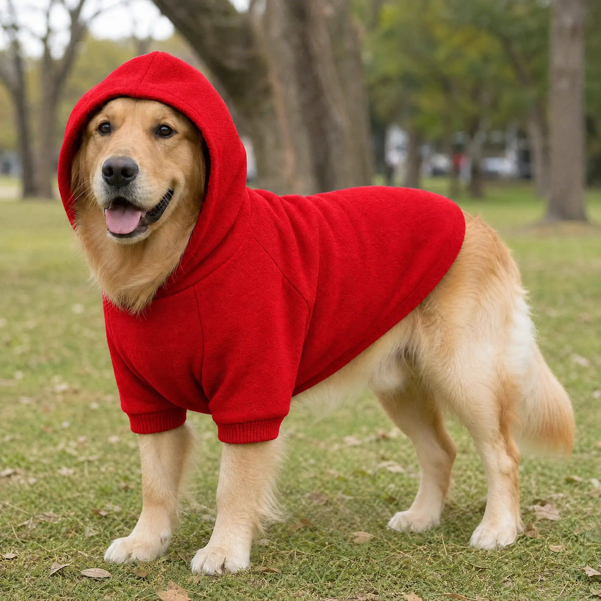 Cane al parco con la felpa sport con cappuccio rossa