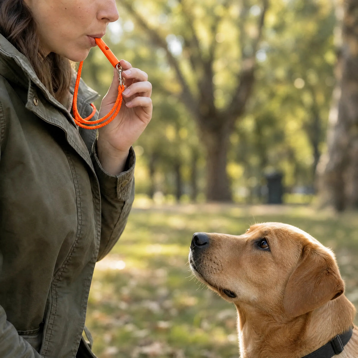 Fischietto per cani arancione con cordino durante l'addestramento al parco