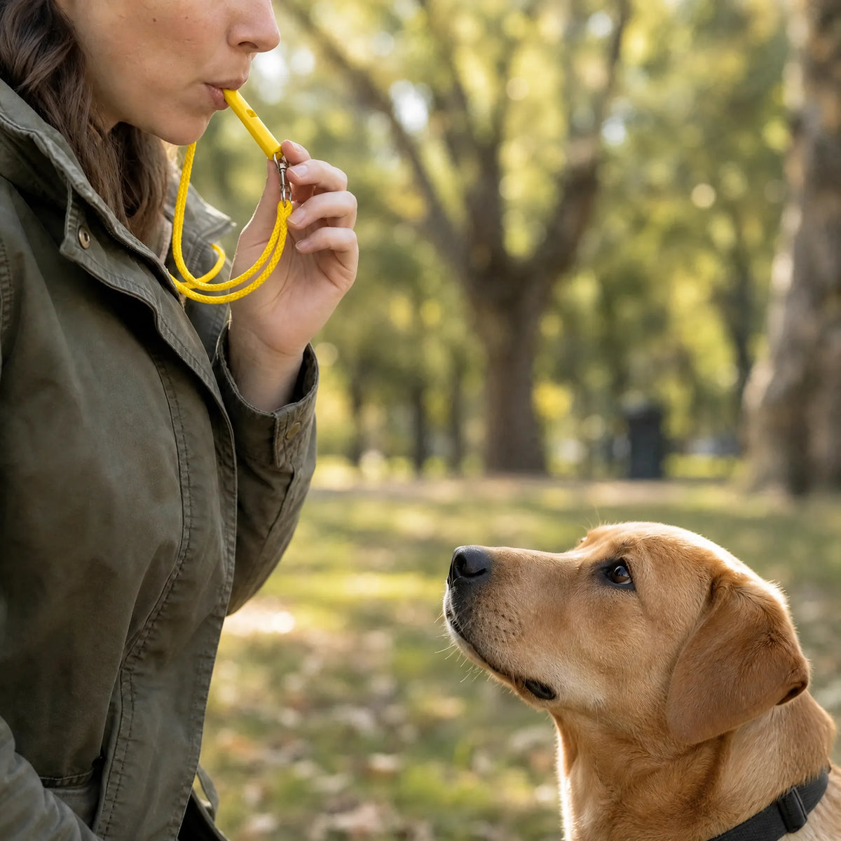 Fischietto per cani color giallo con cordino durante l'addestramento al parco