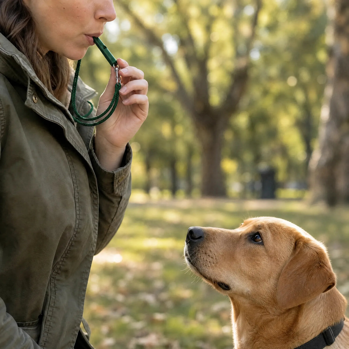 Fischietto per cani verde con cordino durante l'addestramento al parco