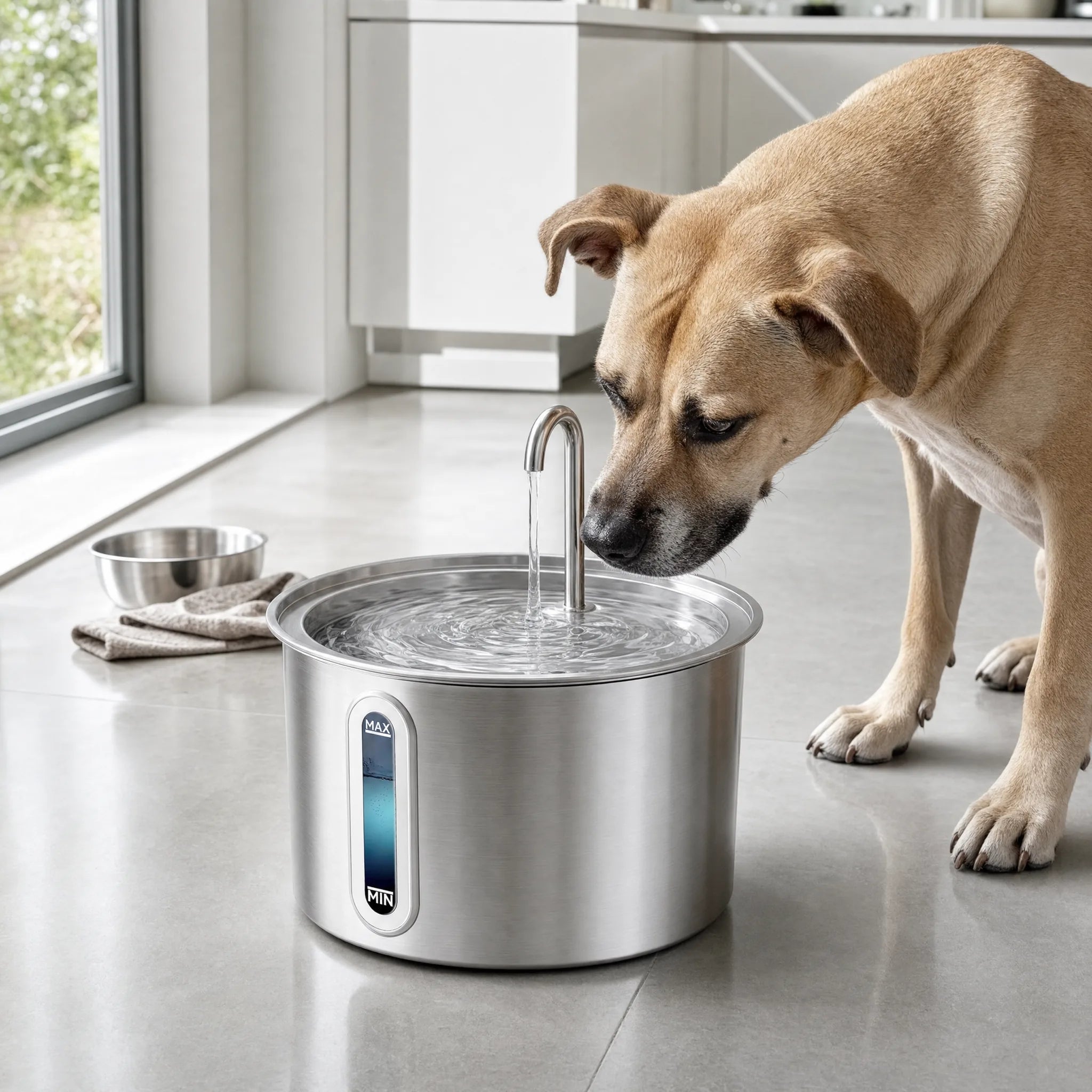Cane che beve dalla fontanella in acciaio inox in cucina