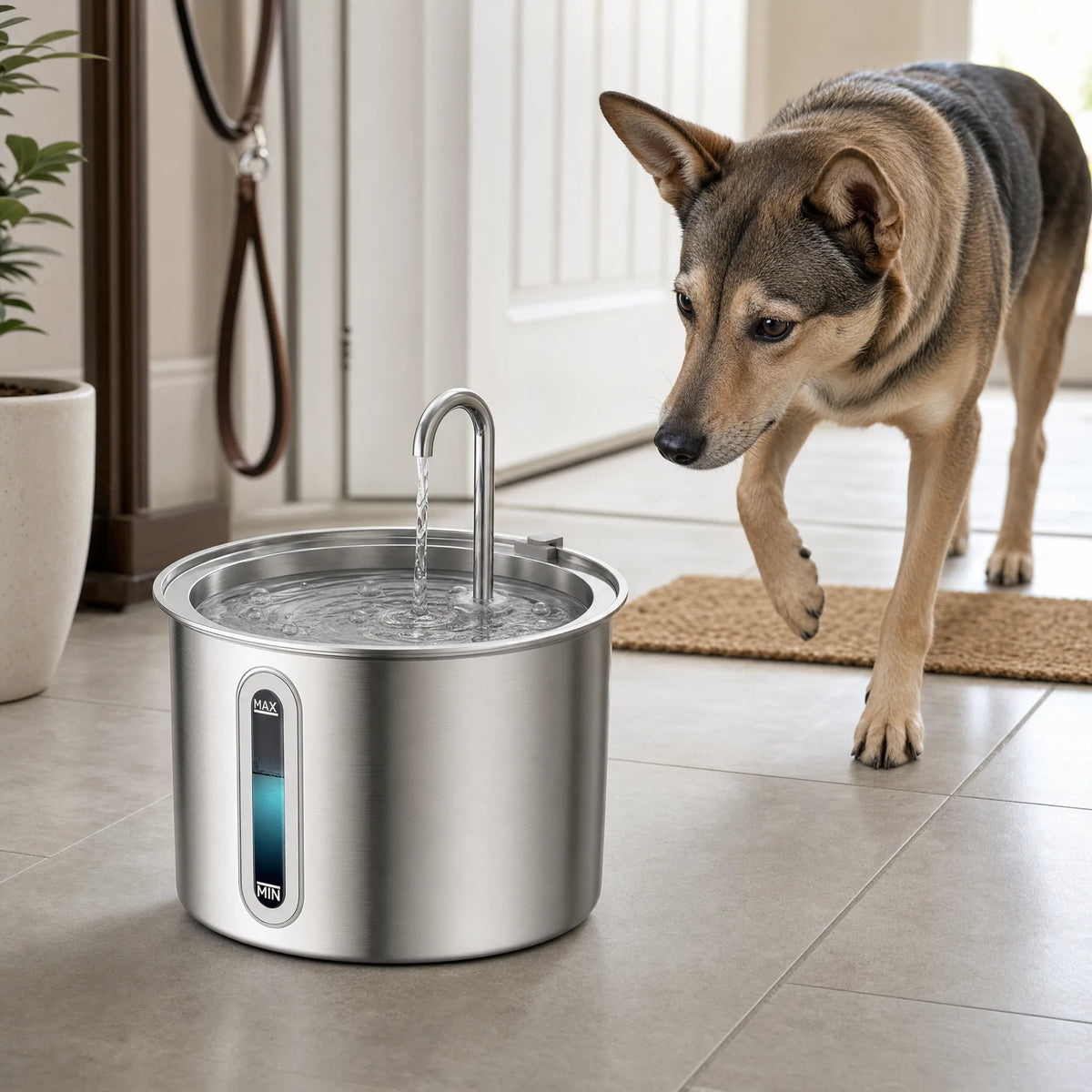 Fontanella per cani in acciaio inox in ingresso con cane