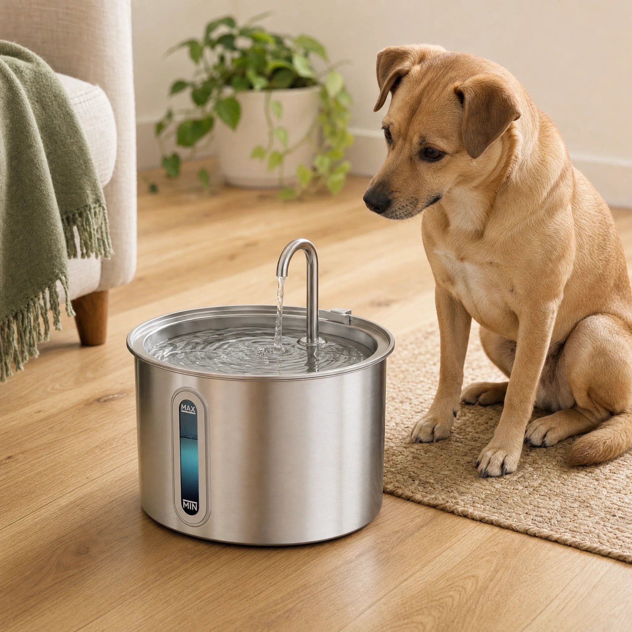 Fontanella per cani in acciaio inox in salotto con cane curioso