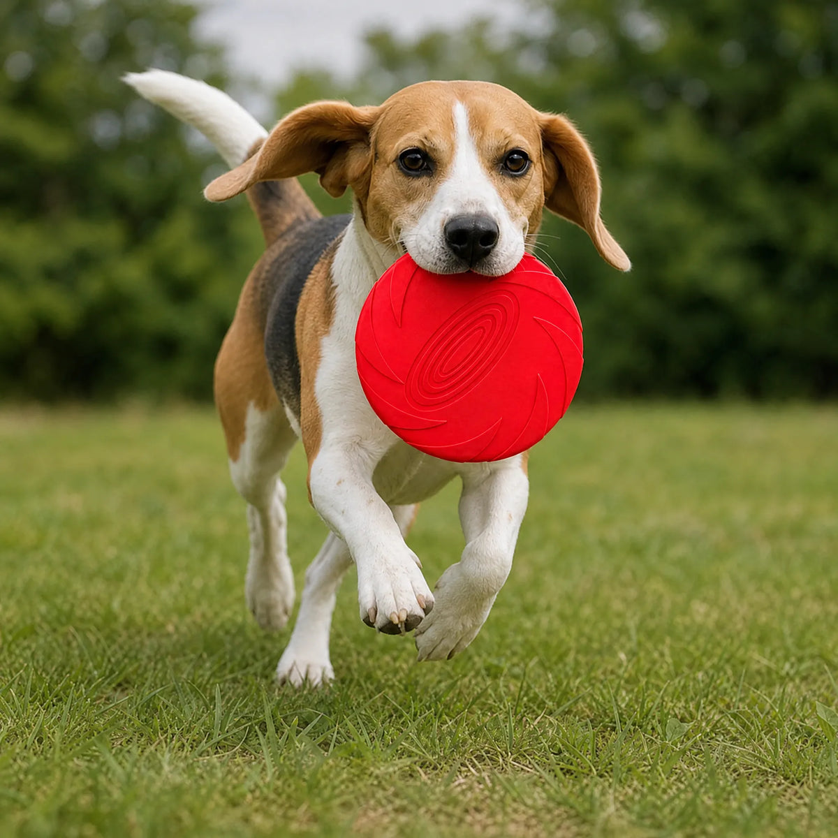 Cane che corre al parco con il frisbee in silicone rosso