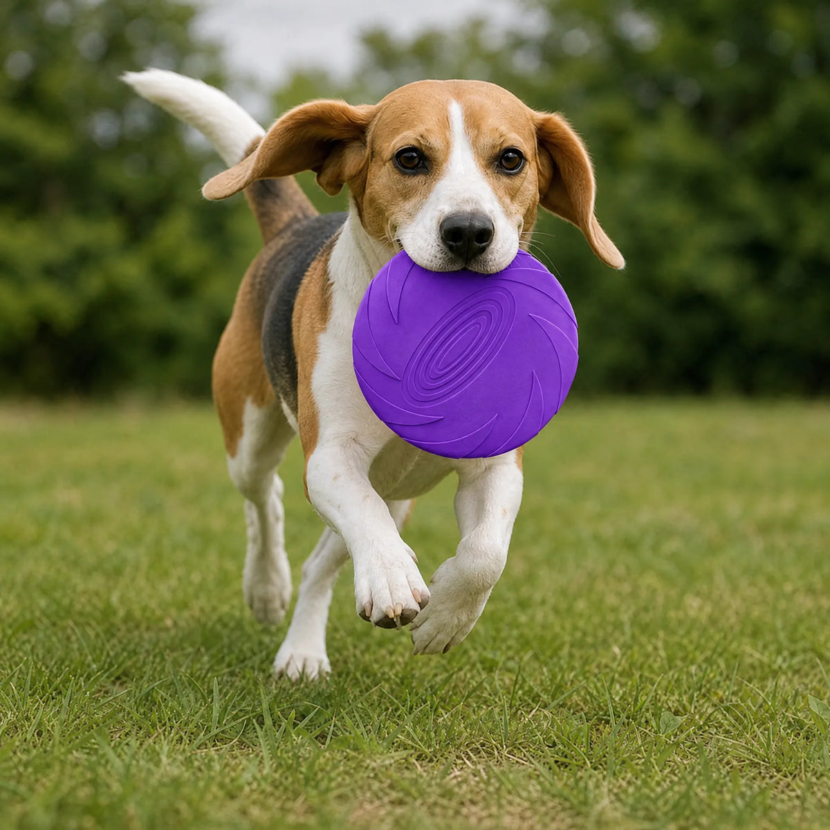 Cane che corre al parco con il frisbee in silicone viola