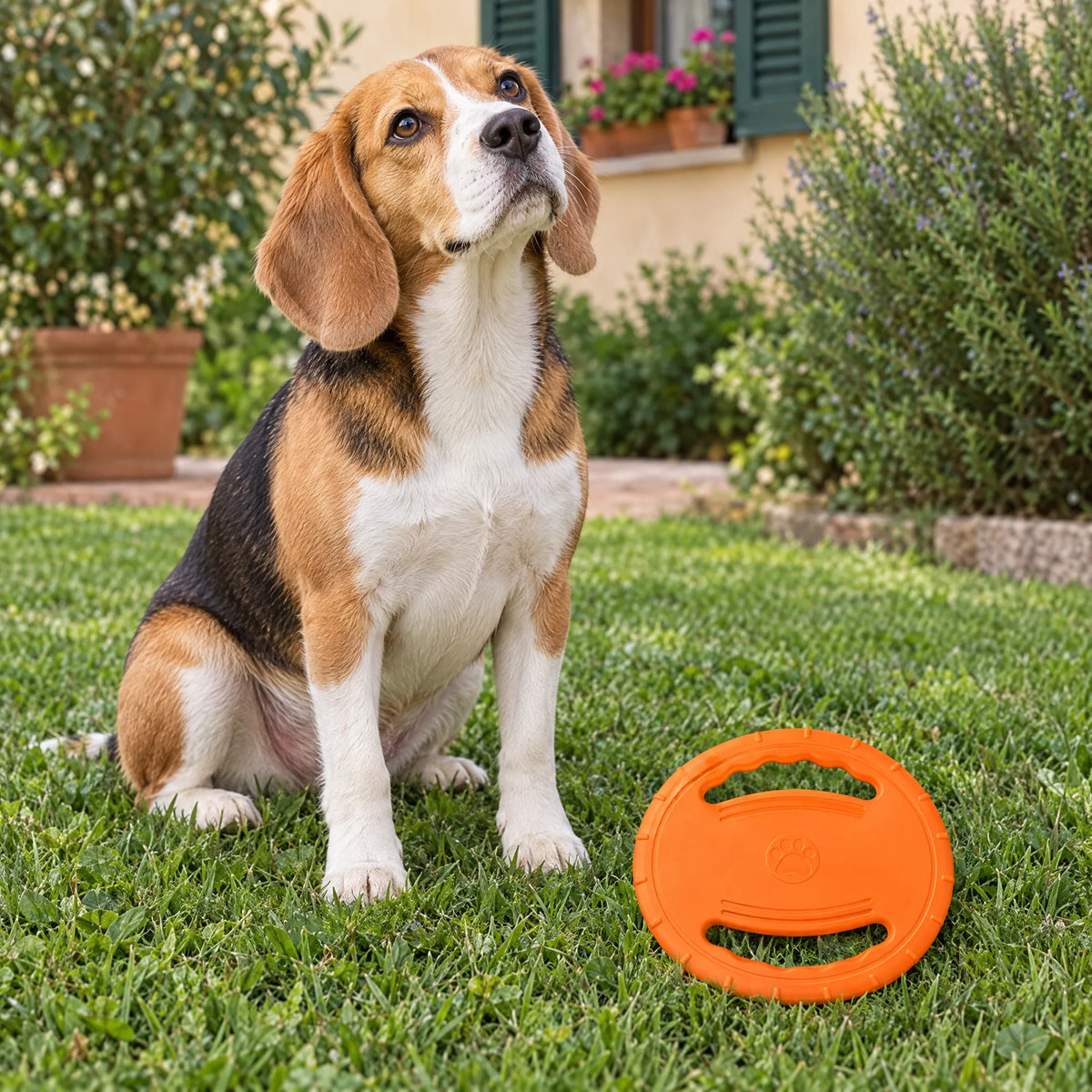 Beagle seduto sul prato del giardino accanto al frisbee per cani in EVA arancione