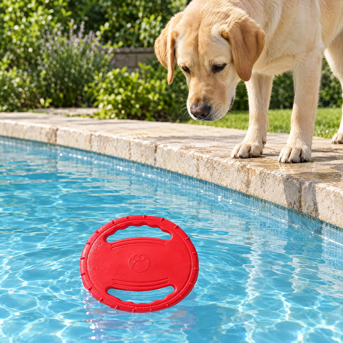 Frisbee per cani in EVA rosso che galleggia nella piscina di casa mentre un labrador lo guarda dal bordo