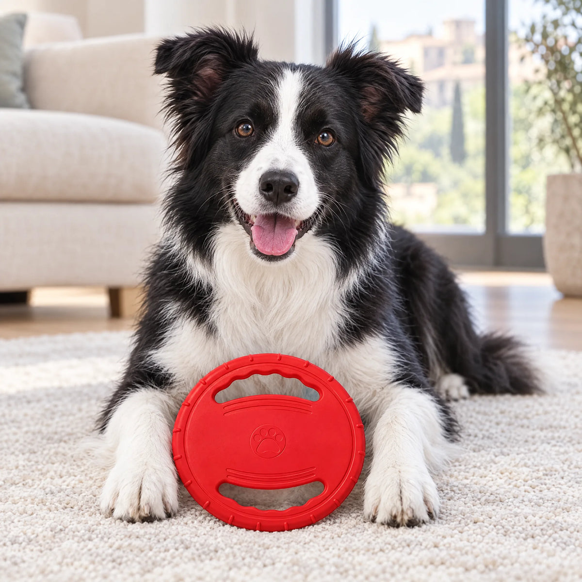 Border collie sdraiato in salotto con il frisbee per cani in EVA rosso fra le zampe