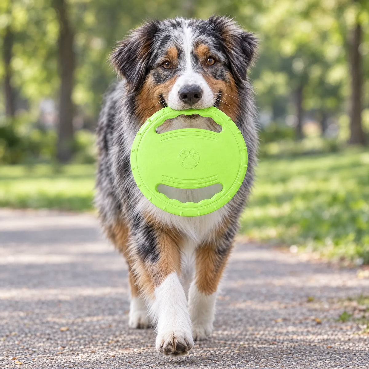 Pastore australiano che cammina al parco con il frisbee per cani in EVA verde in bocca
