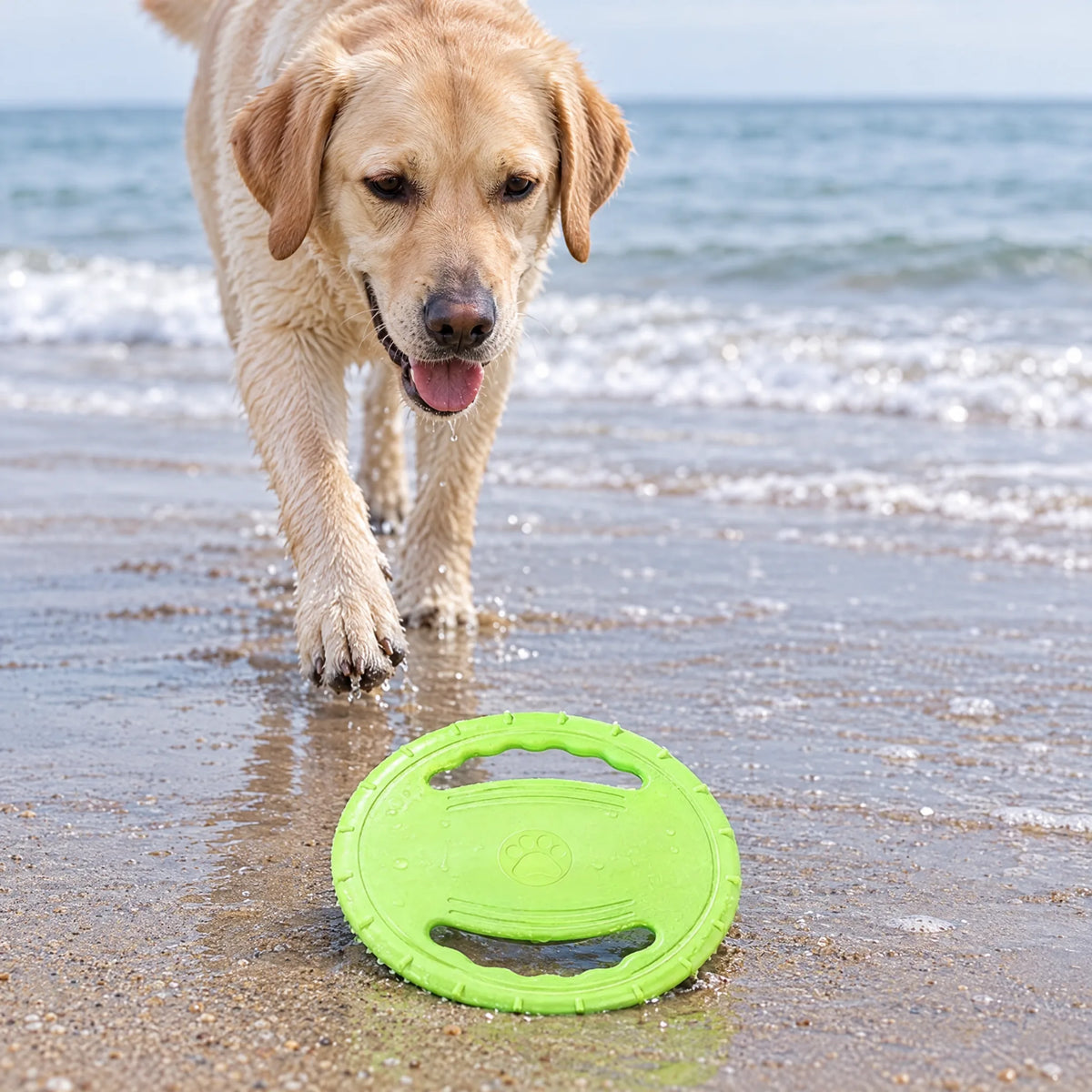 Frisbee per cani in EVA verde sulla sabbia bagnata mentre un labrador si avvicina