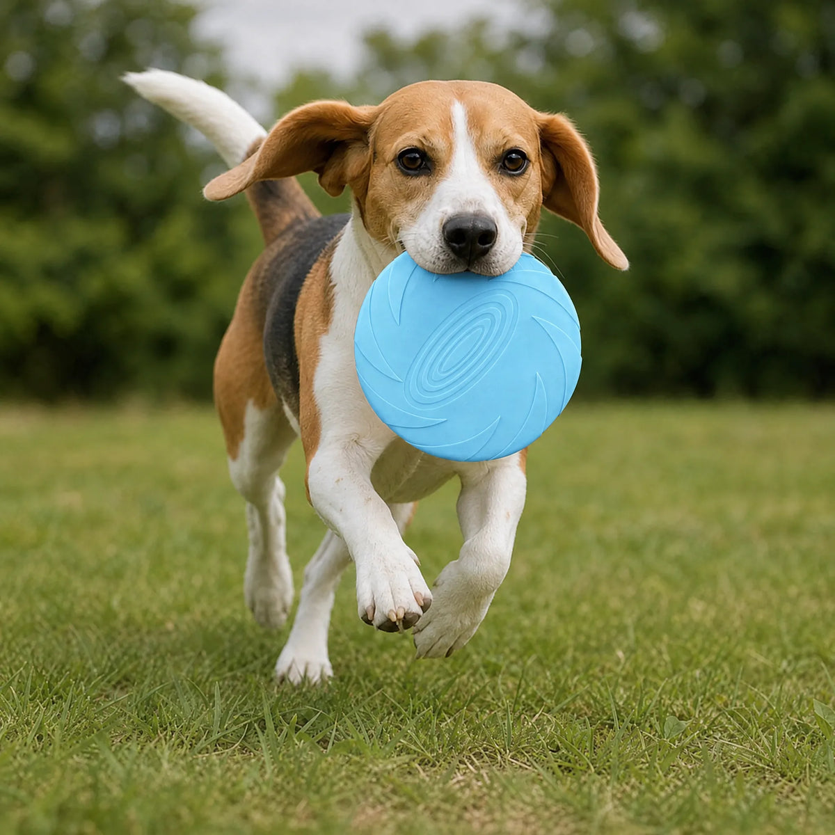 Cane che corre al parco con il frisbee in silicone blu