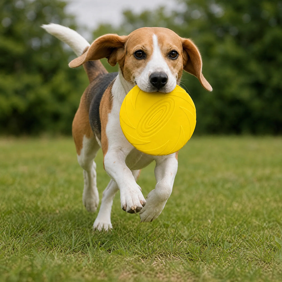 Cane che corre al parco con il frisbee in silicone giallo
