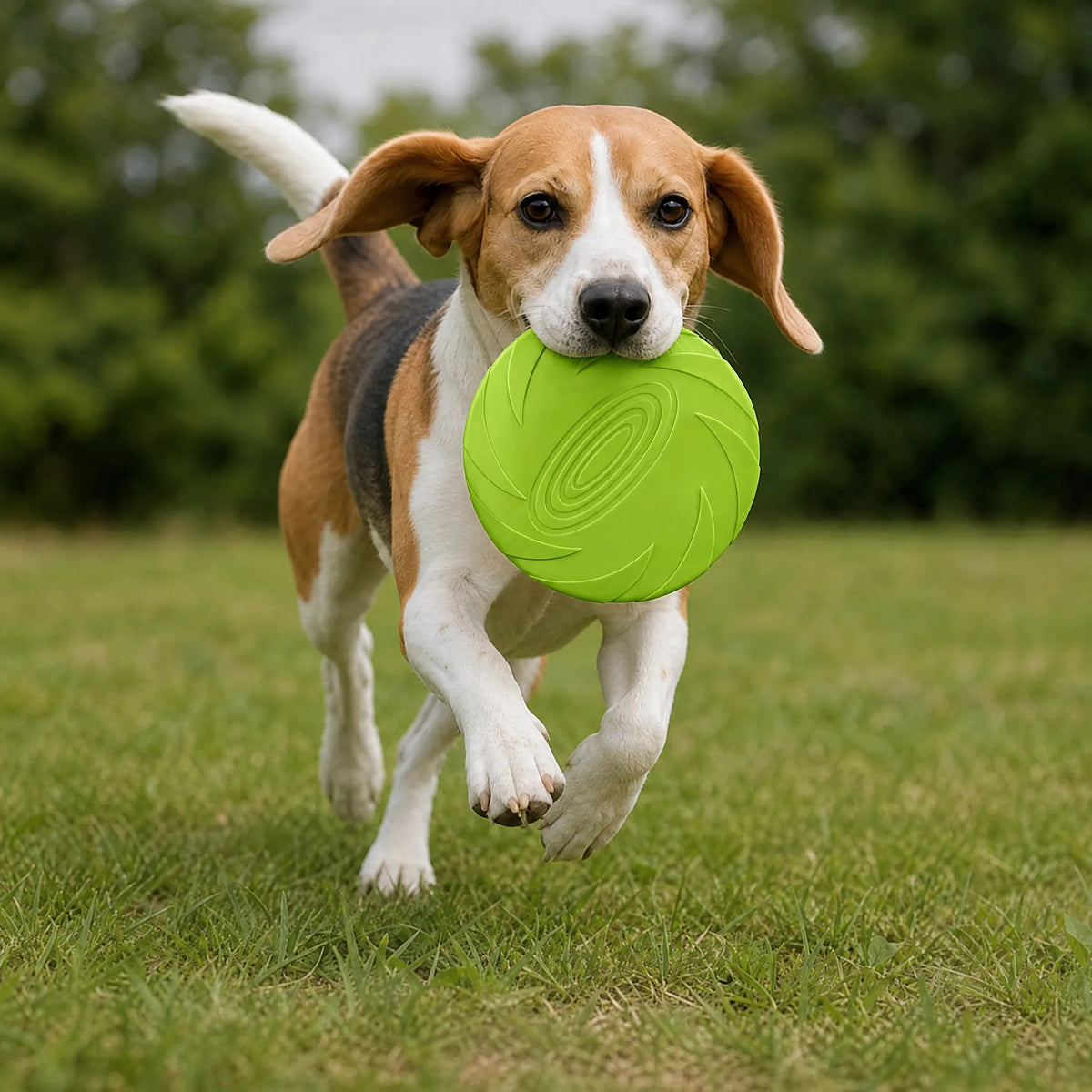 Cane che corre al parco con il frisbee in silicone verde