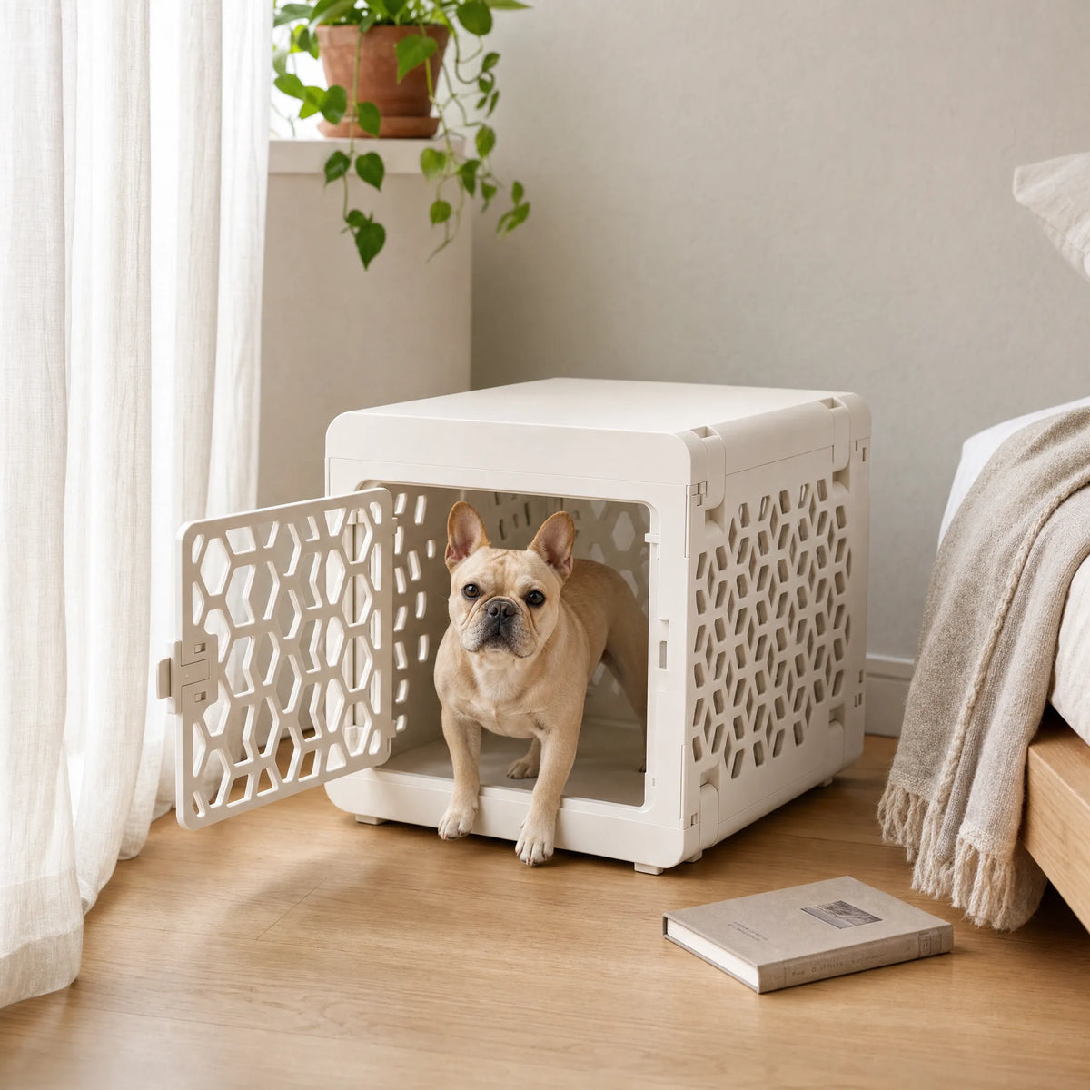 Gabbia pieghevole per cani in camera da letto moderna, cane che esce dalla porta aperta