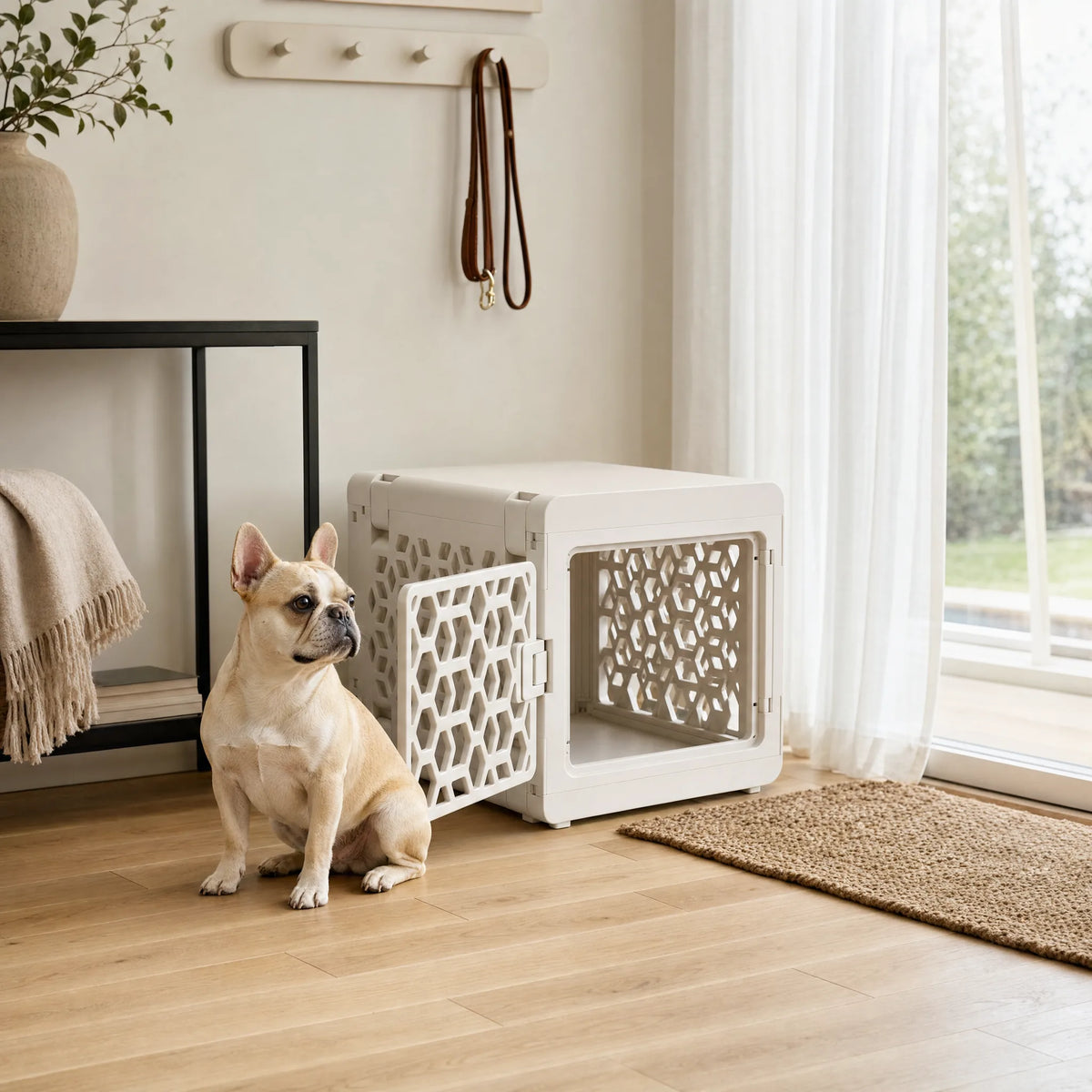 Gabbia pieghevole per cani nell'ingresso di casa vicino a una finestra, cane seduto accanto