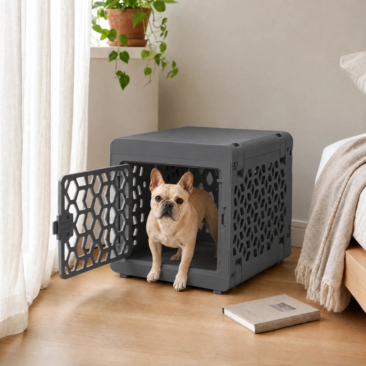 Cane dentro la gabbia pieghevole color grigio in salotto