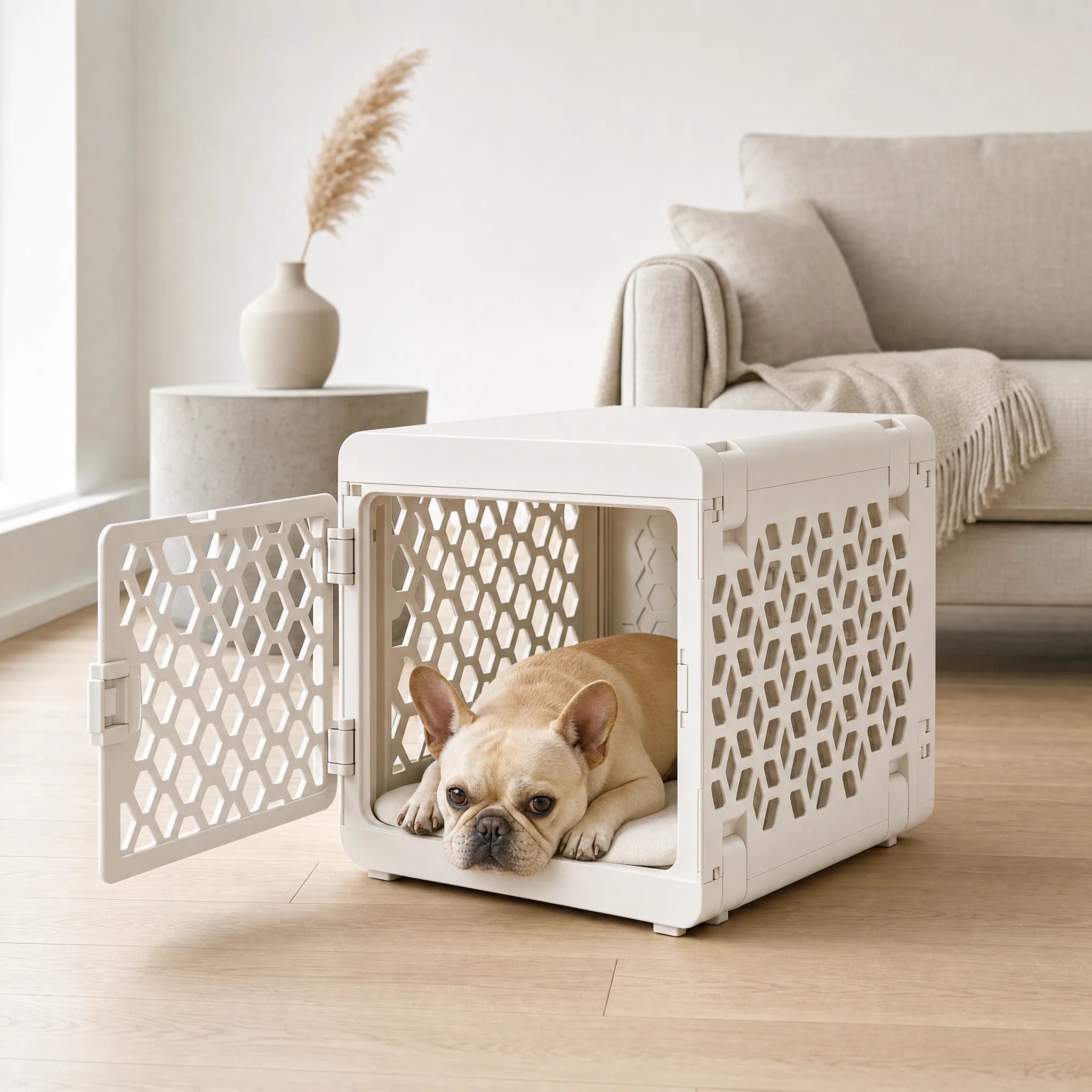 Gabbia pieghevole per cani design moderno a nido d'ape, cane francese bulldog dentro in salotto minimale