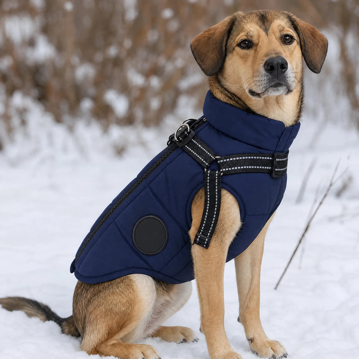 Cane seduto sulla neve con gilet imbottito blu navy e pettorina integrata