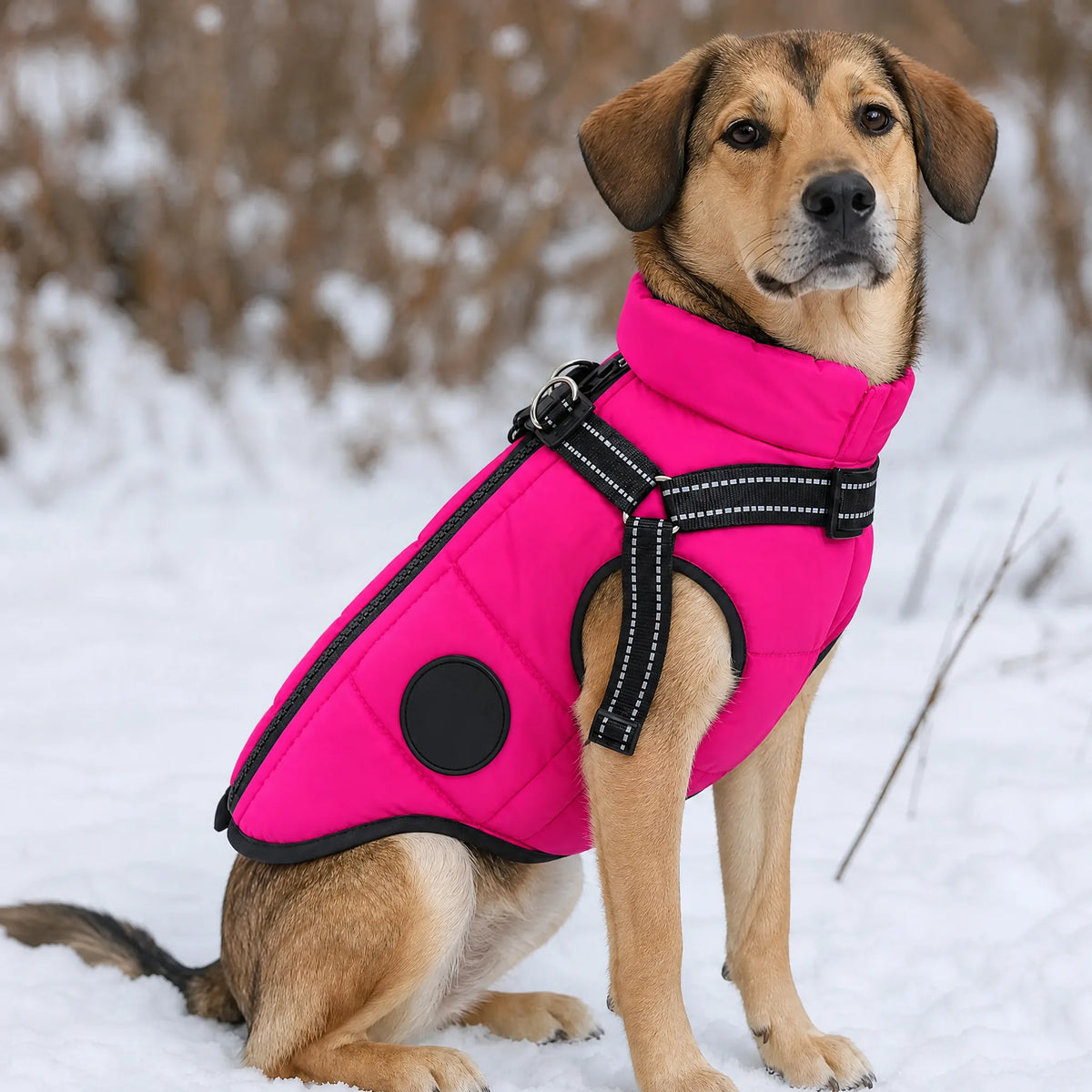 Cane seduto sulla neve con gilet imbottito fucsia e pettorina integrata