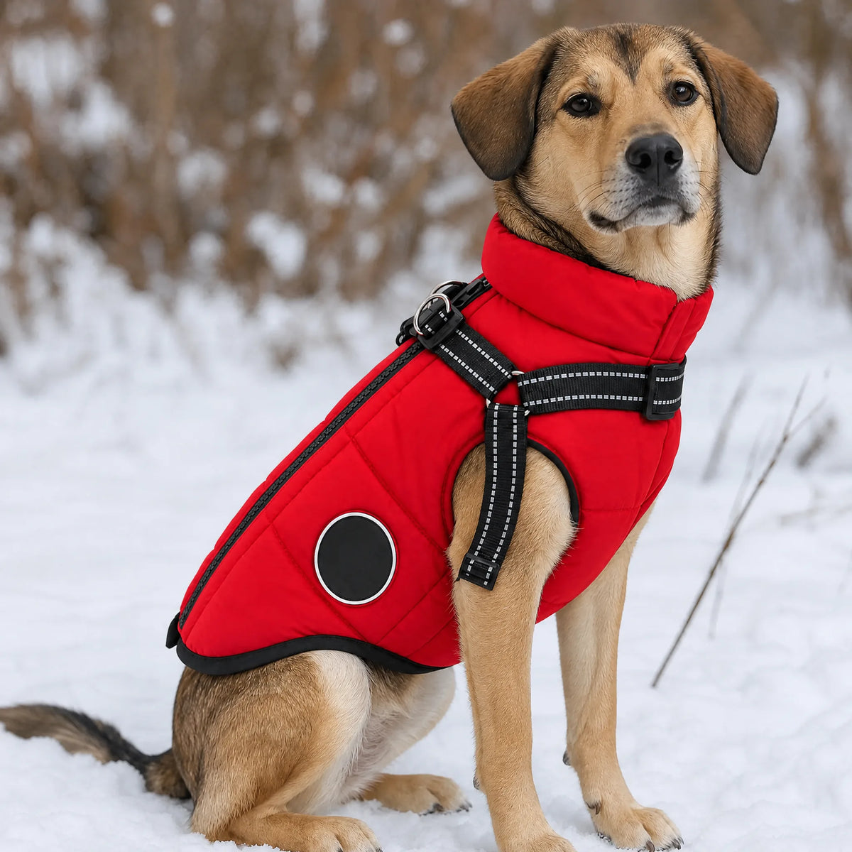 Cane seduto sulla neve con gilet imbottito rosso e pettorina integrata