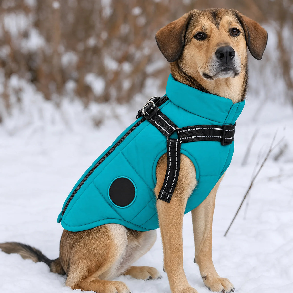 Cane seduto sulla neve con gilet imbottito turchese e pettorina integrata