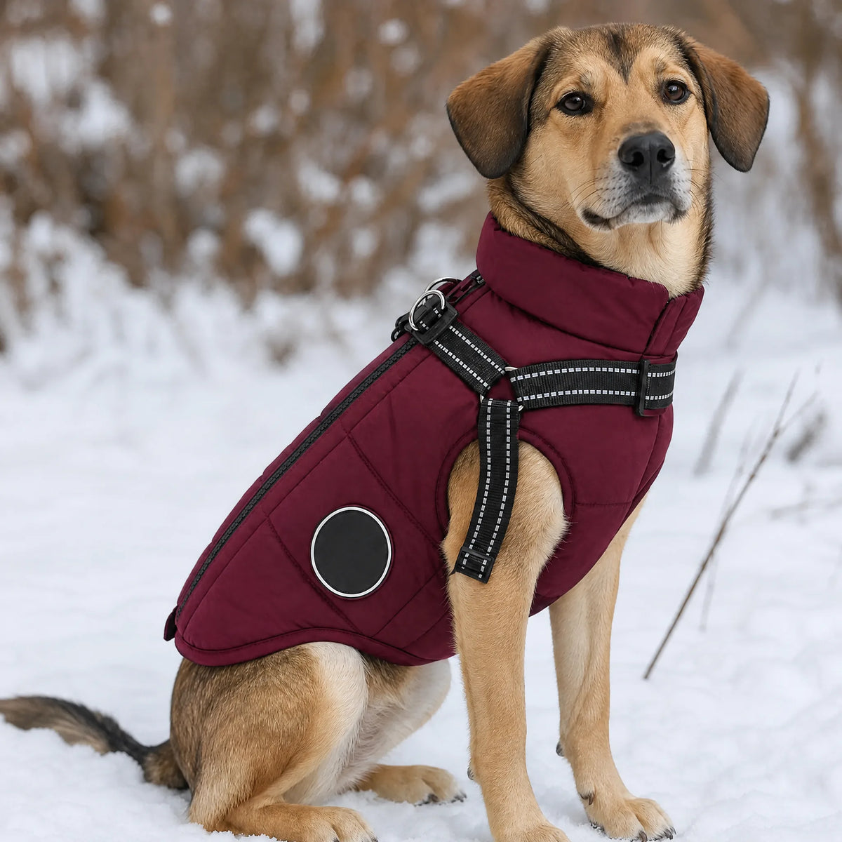 Cane seduto sulla neve con gilet imbottito bordeaux e pettorina integrata