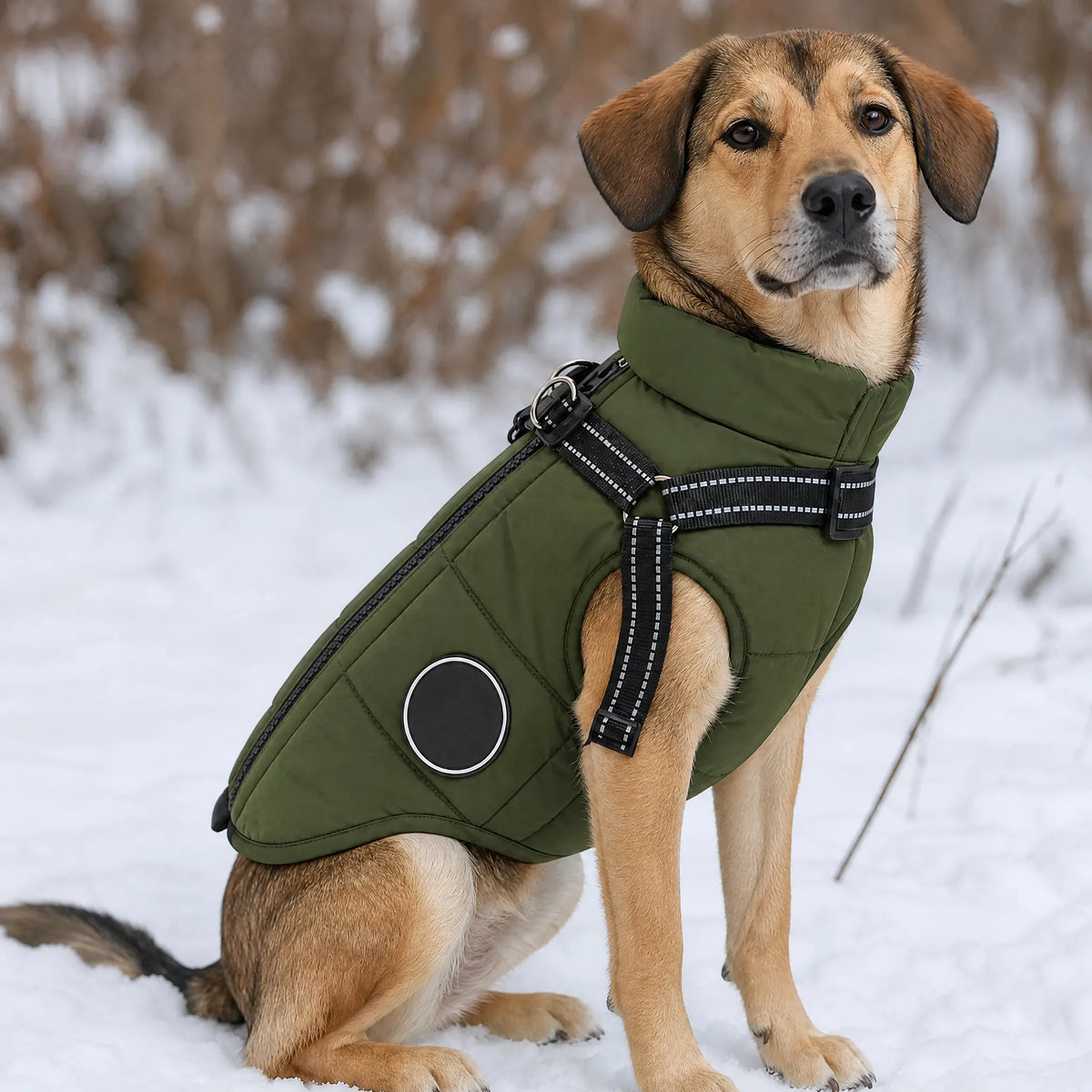 Cane seduto sulla neve con gilet imbottito verde e pettorina integrata