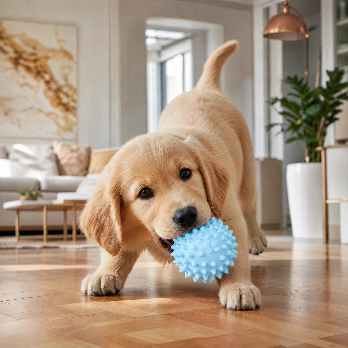 Cucciolo in salotto che morde la palla spinosa azzurra del set giochi dentizione blu
