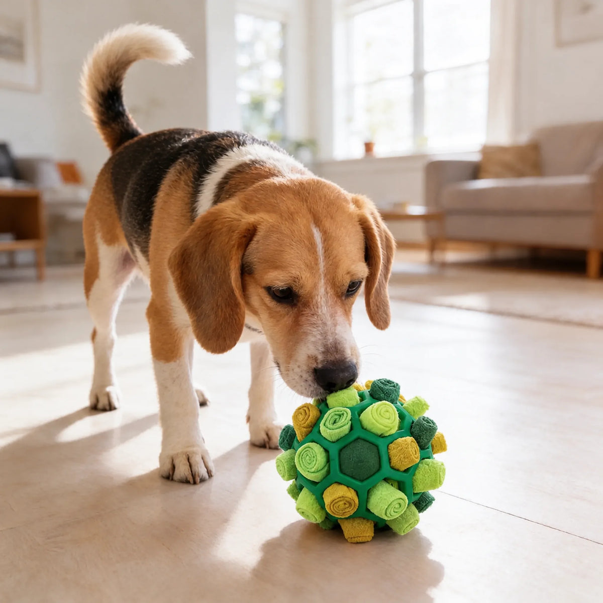 Cane che annusa in casa la palla olfattiva verde