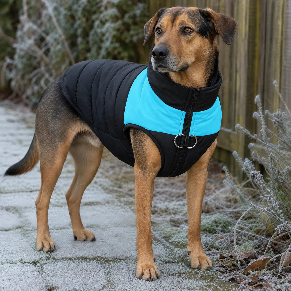 Cane su sentiero invernale con giubbotto imbottito nero e pannello blu azzurro