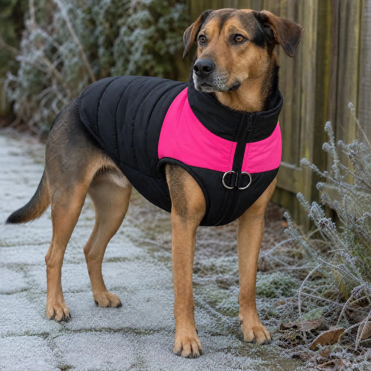 Cane su sentiero invernale con giubbotto imbottito nero e pannello rosa