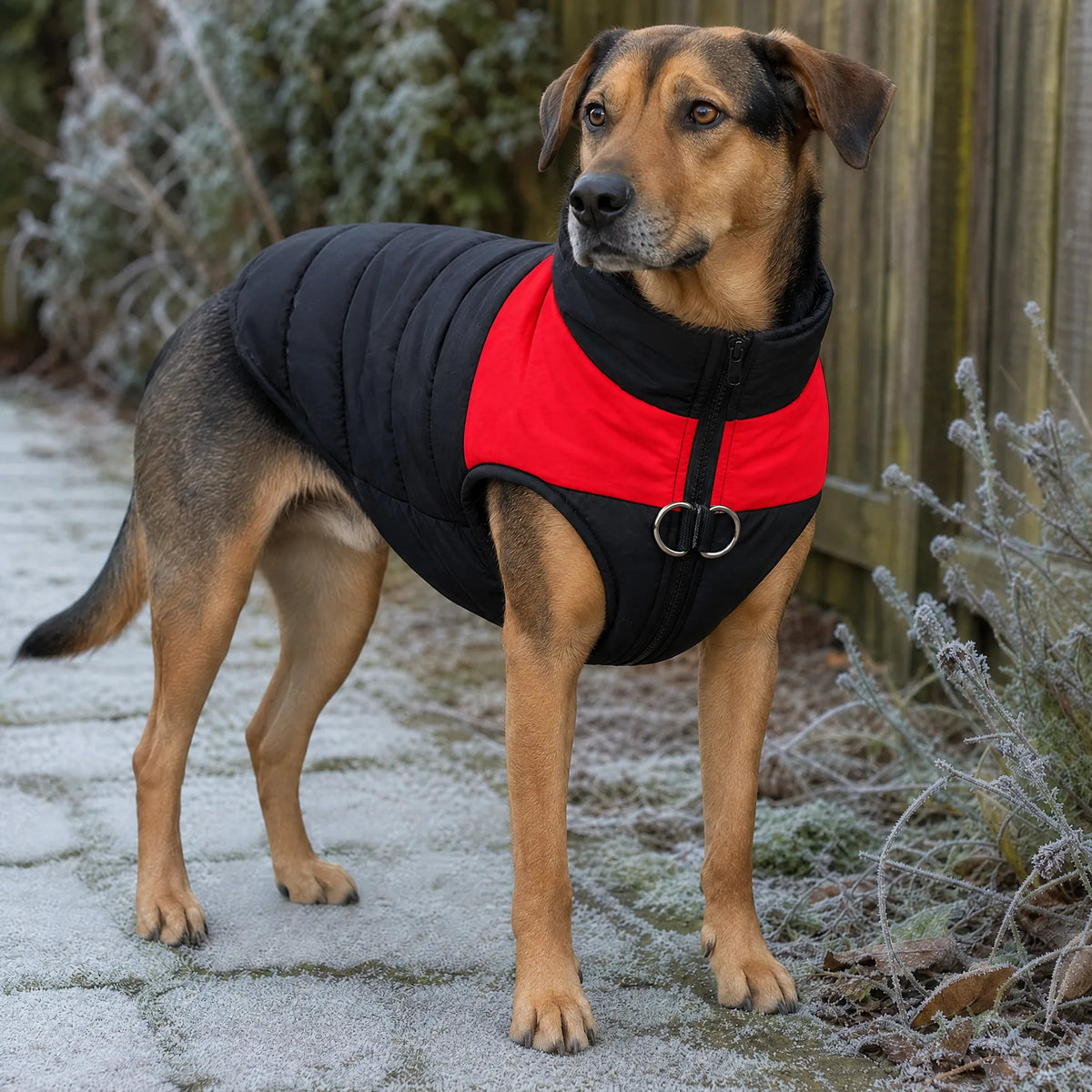 Cane su sentiero invernale con giubbotto imbottito nero e pannello rosso