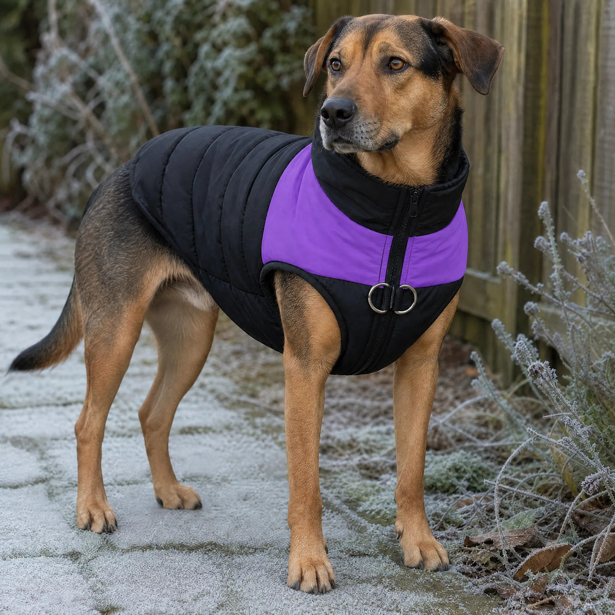 Cane su sentiero invernale con giubbotto imbottito nero e pannello viola