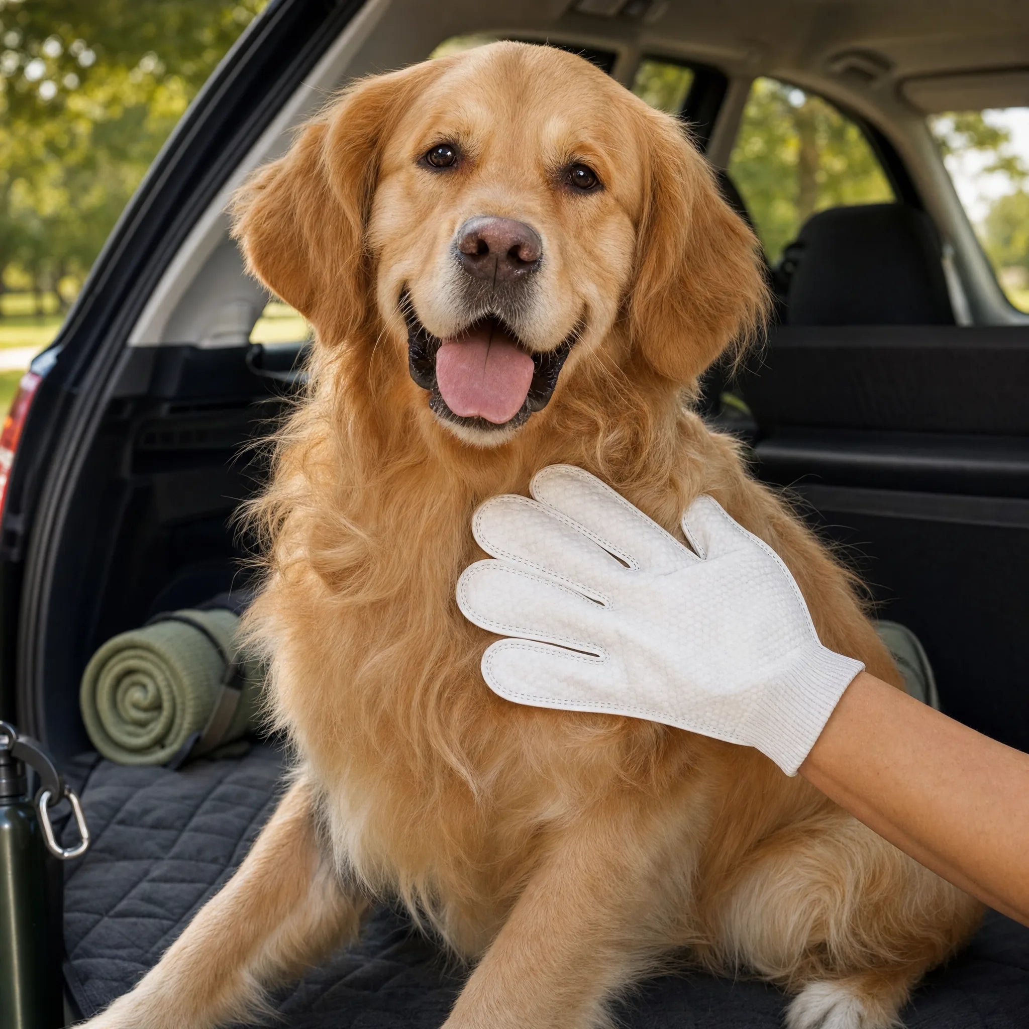 Cane pulito con il guanto salvietta nel bagagliaio dell auto durante un viaggio