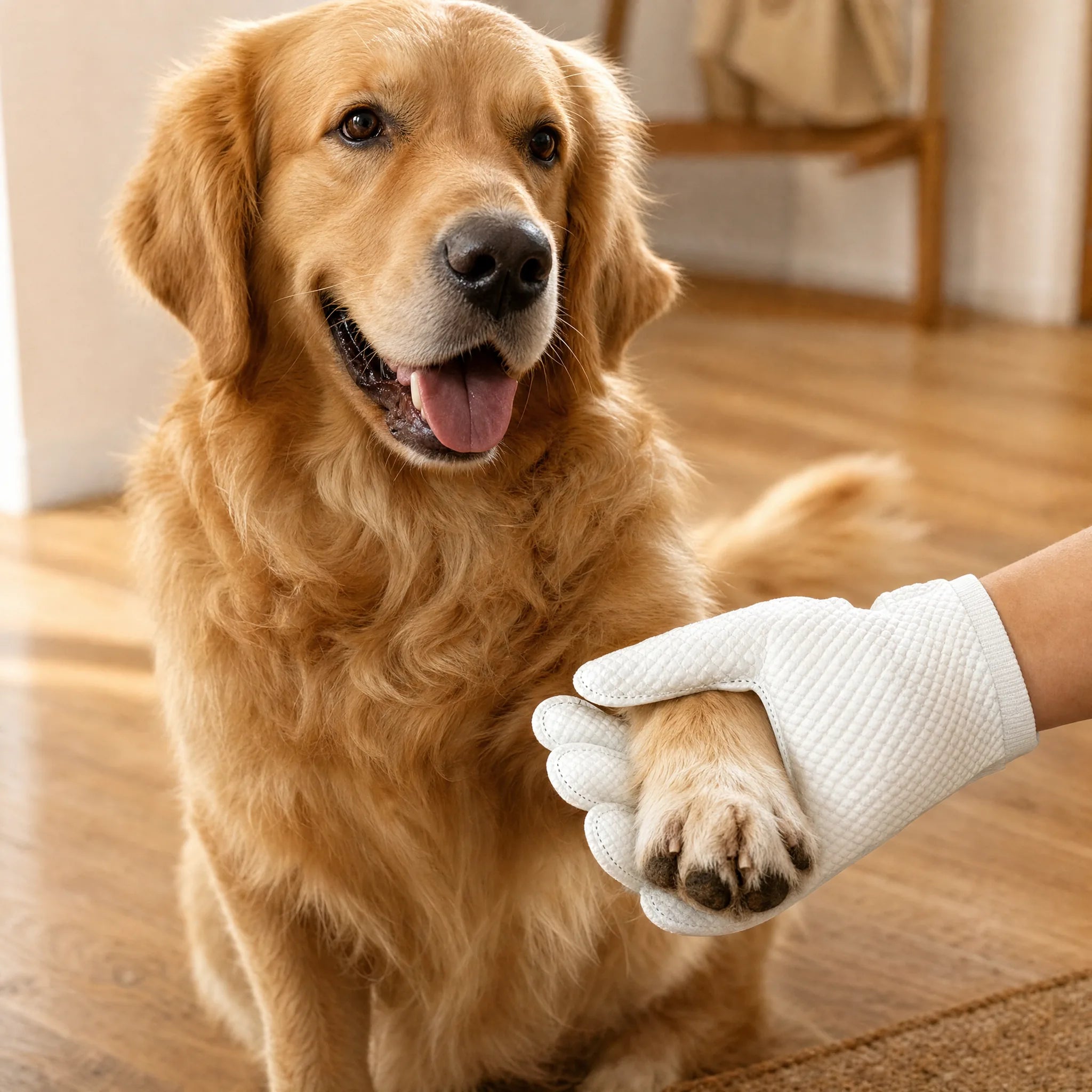 Guanto salvietta usato per pulire la zampa di un cane appena rientrato in casa