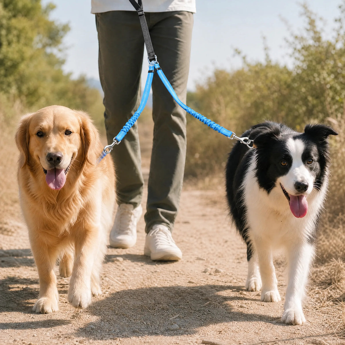 Due cani in passeggiata con il guinzaglio doppio azzurro