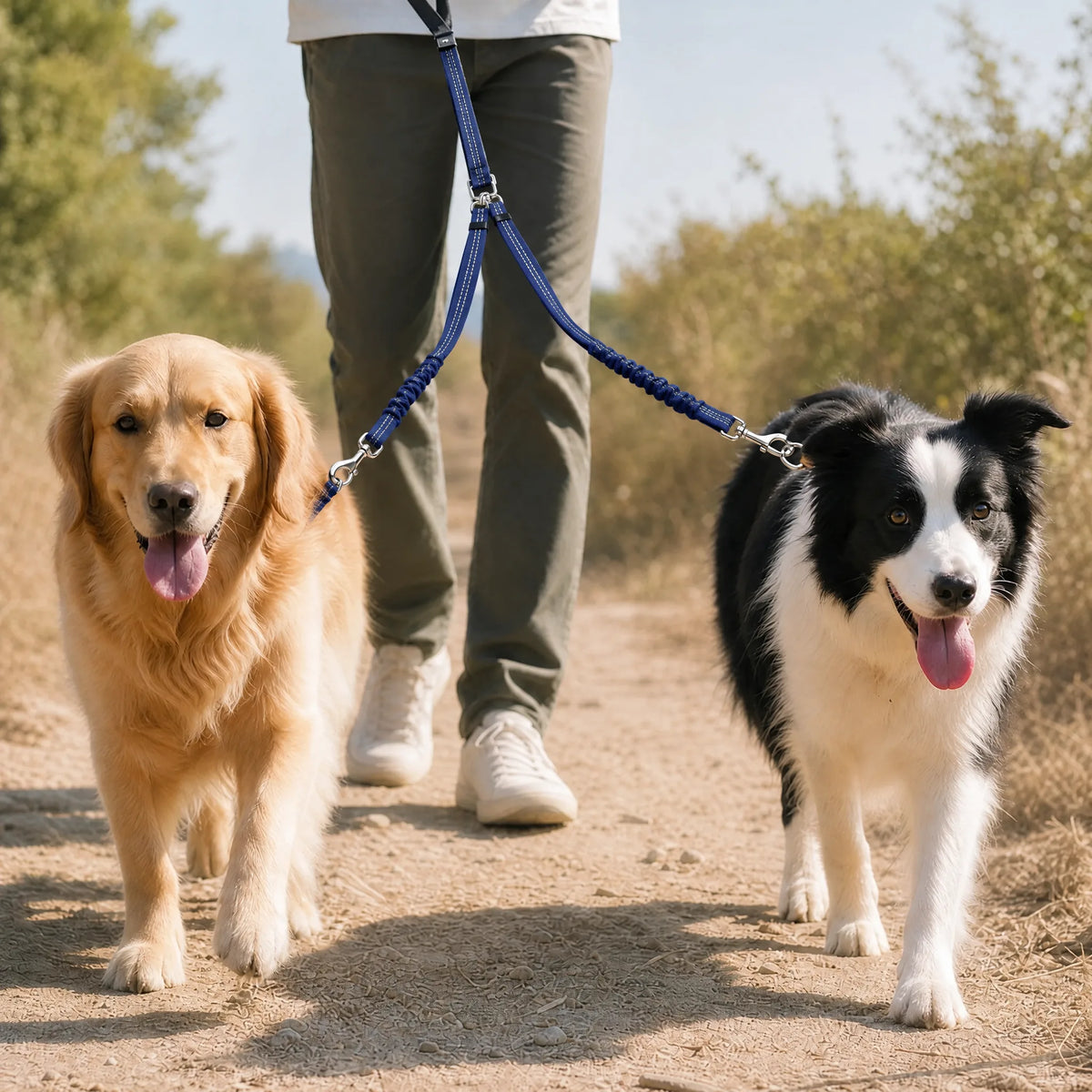 Due cani in passeggiata con il guinzaglio doppio blu
