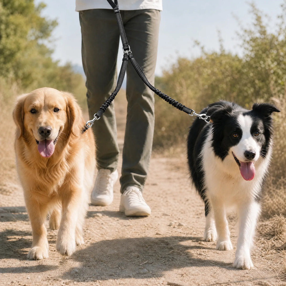Due cani in passeggiata con il guinzaglio doppio color nero