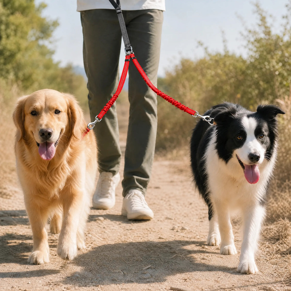 Due cani in passeggiata con il guinzaglio doppio rosso