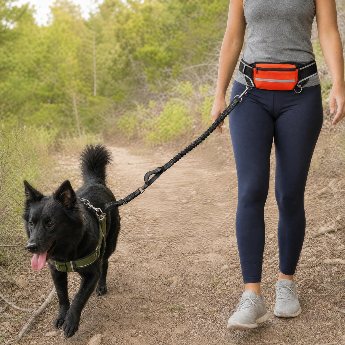 Donna che corre con il cane e la cintura guinzaglio mani libere arancione