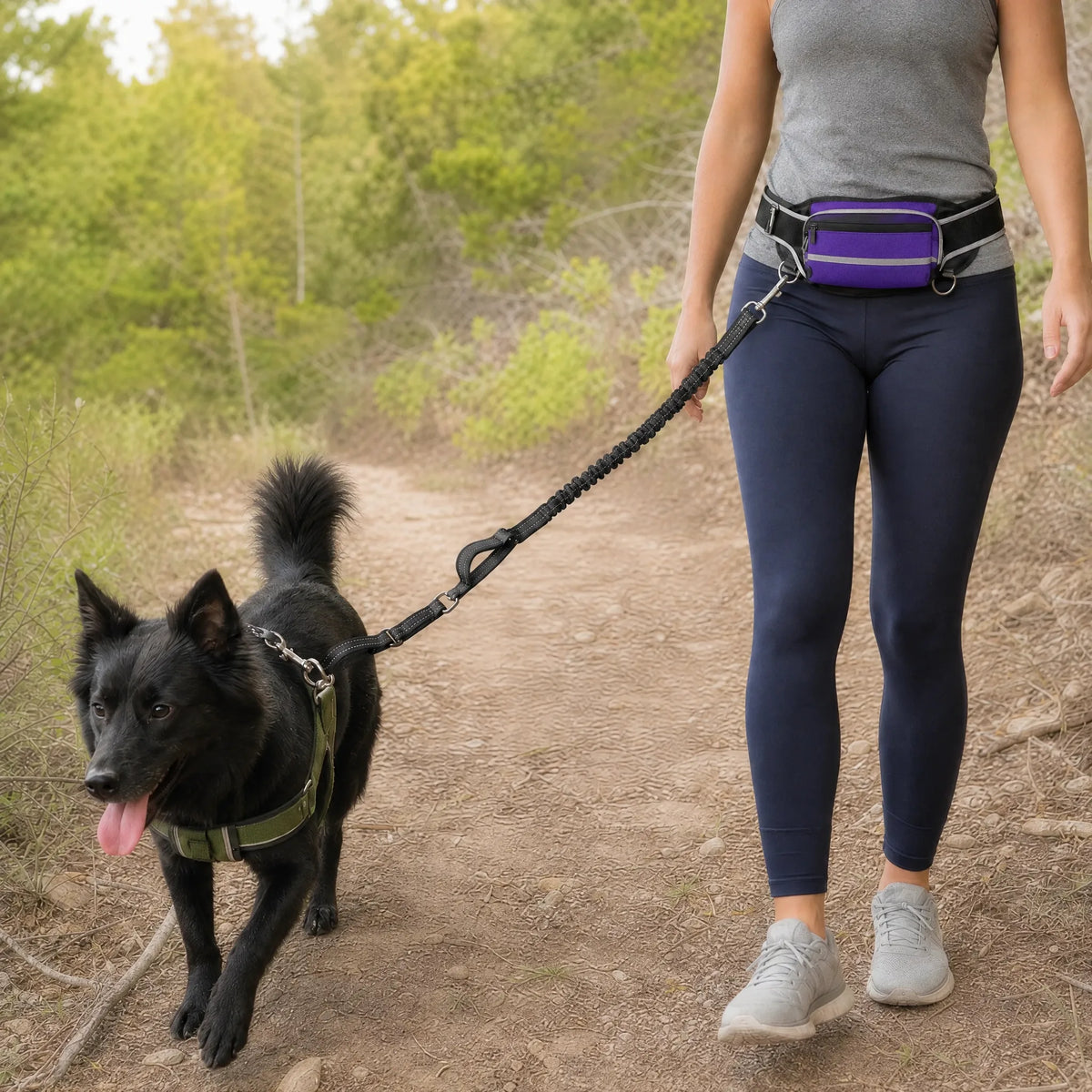 Donna che corre con il cane e la cintura guinzaglio mani libere viola