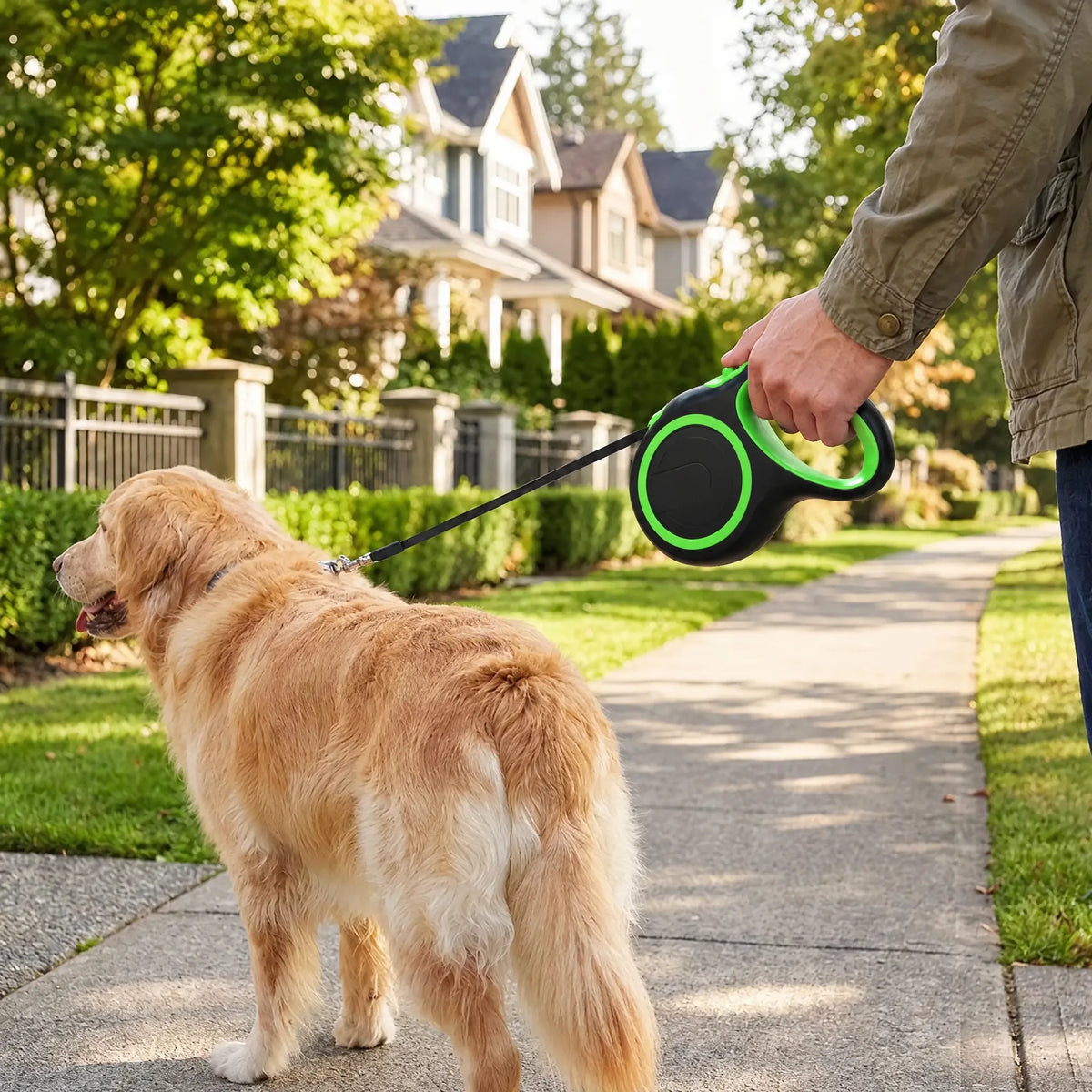 Golden retriever a passeggio sul marciapiede con il guinzaglio retrattile nero e verde