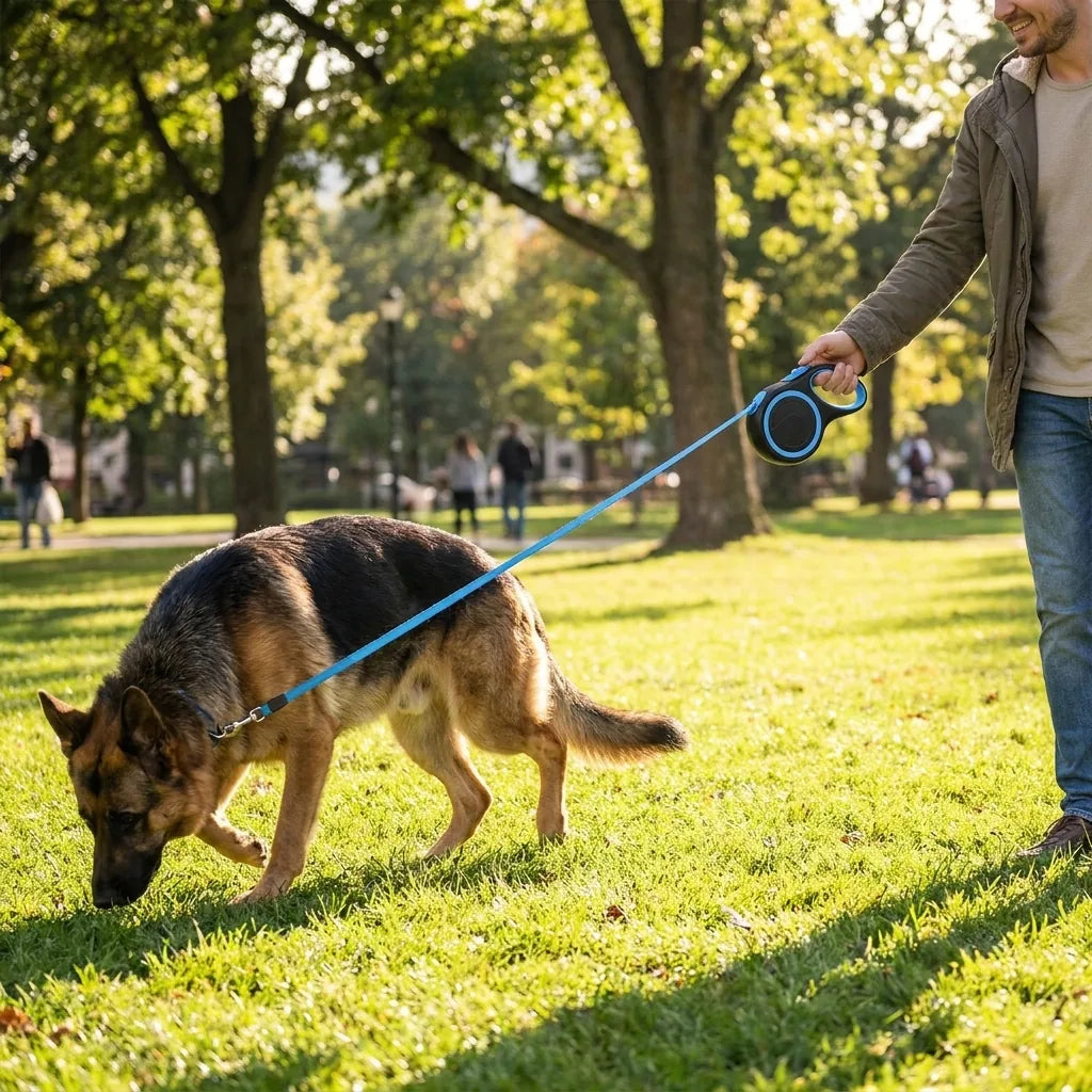 Persona porta a spasso un cane grande con guinzaglio retrattile esteso al parco