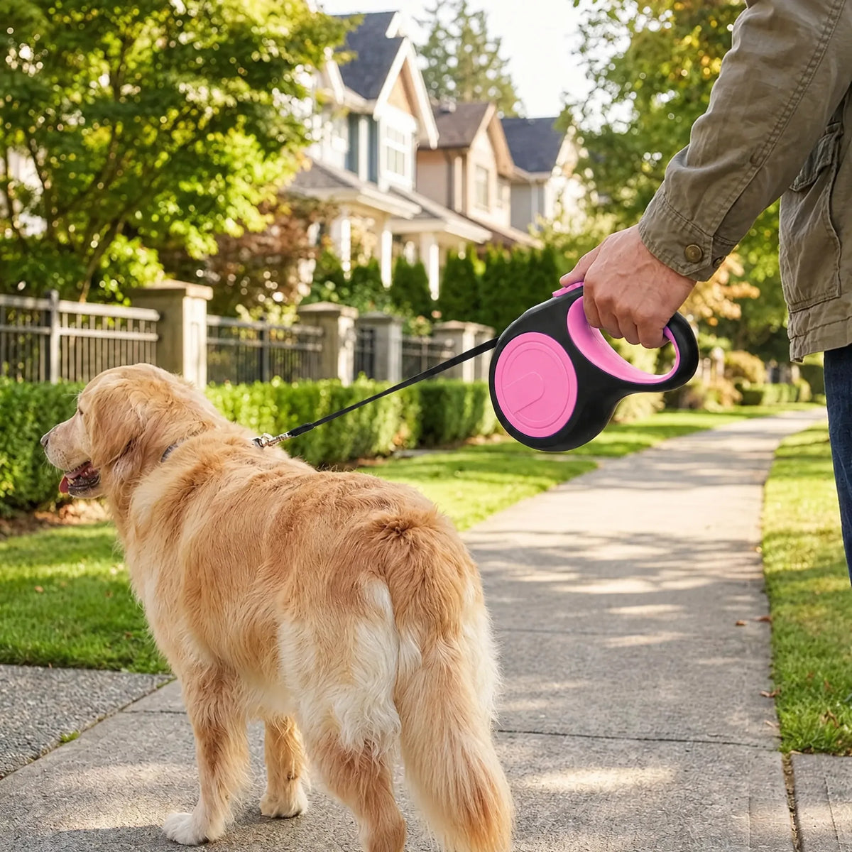 Uomo che porta a spasso il cane con il guinzaglio retrattile rosa