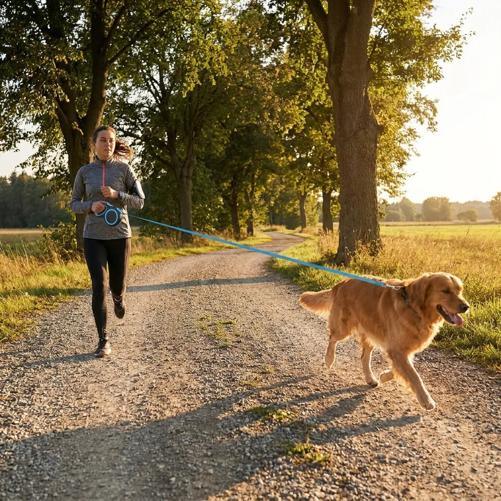 Persona che cammina con un cane grande su guinzaglio retrattile esteso in un sentiero