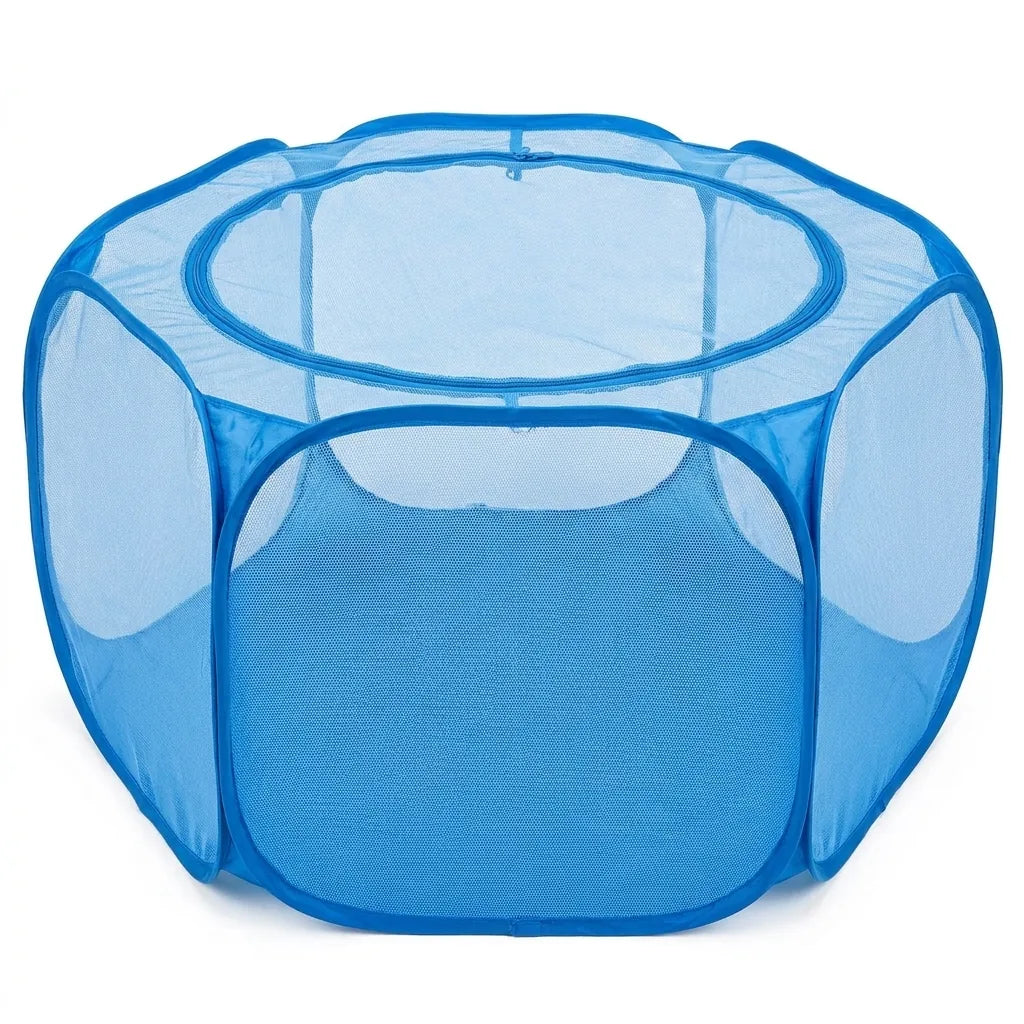 Recinto portatile pieghevole per animali piccoli blu, sfondo bianco