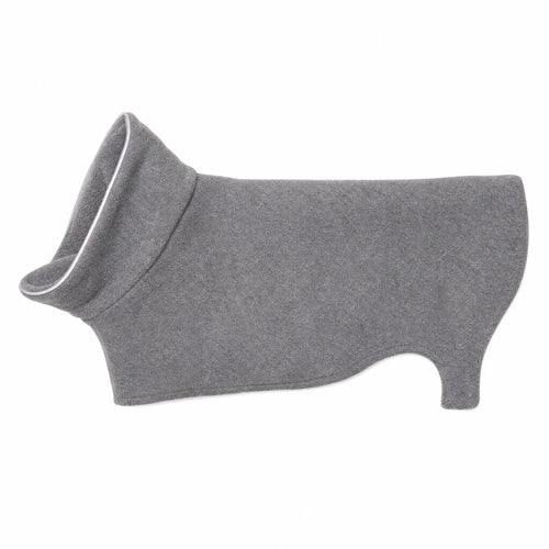 Cappotto invernale per cani in pile grigio su sfondo bianco, vista prodotto
