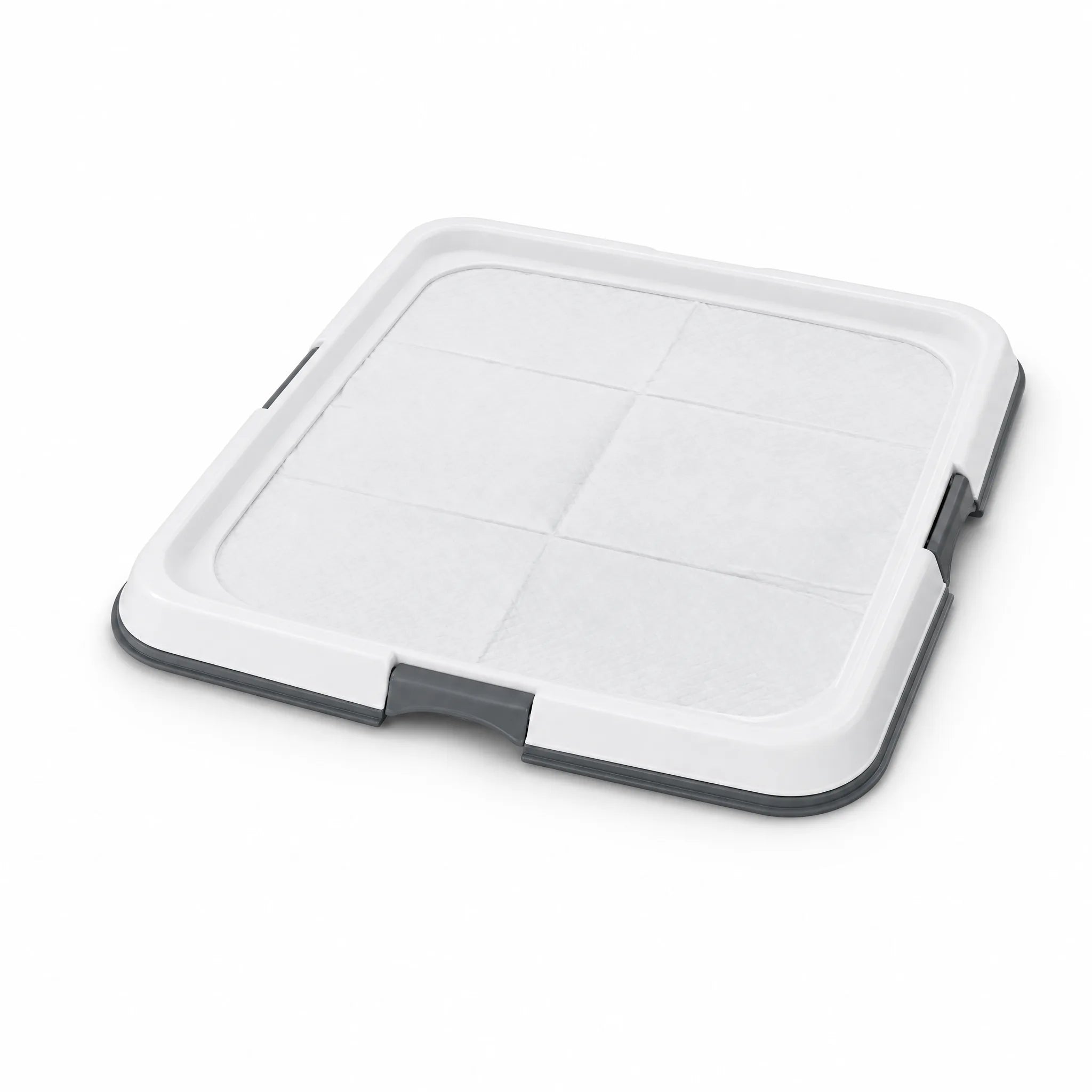 Vassoio toilette porta-tappetini per cani 60x60 su sfondo bianco, cornice bianca e base grigia