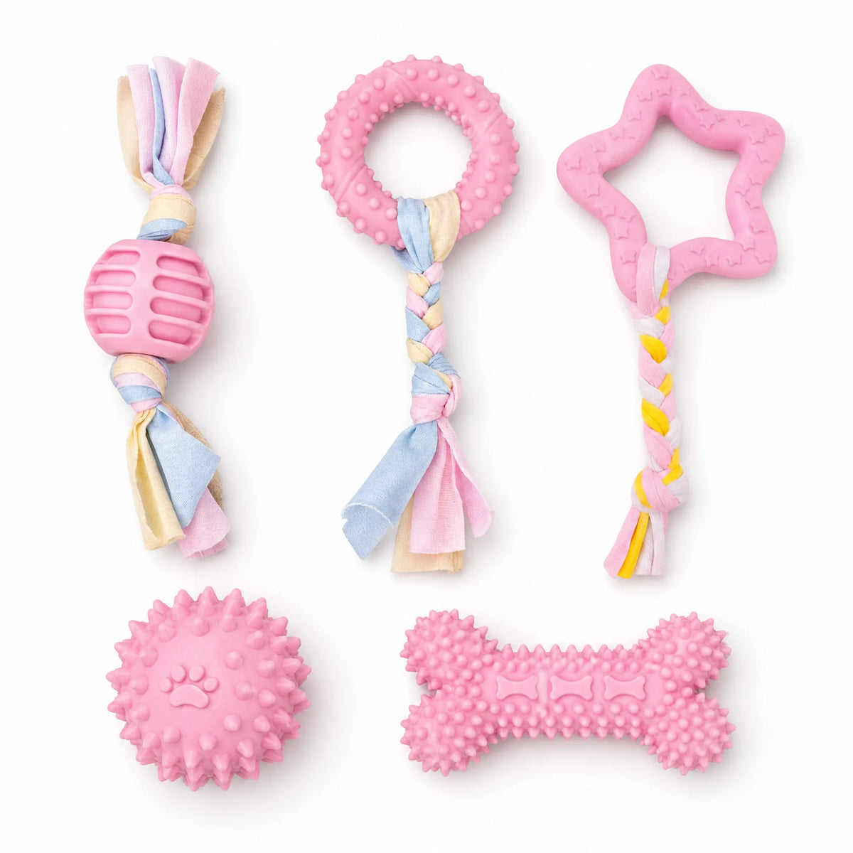Set completo 5 giochi per cani cuccioli in gomma rosa, vista dall alto su sfondo bianco